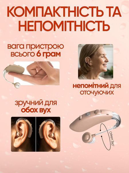 Слуховий апарат підсилювач слуху цифровий завушний акумуляторний з шумозаглушенням USB Type-C до 50 годин роботи для літніх і 3157970749 фото