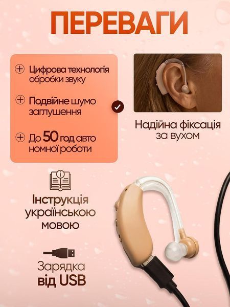 Слуховий апарат підсилювач слуху цифровий завушний акумуляторний з шумозаглушенням USB Type-C до 50 годин роботи для літніх і 3157970749 фото