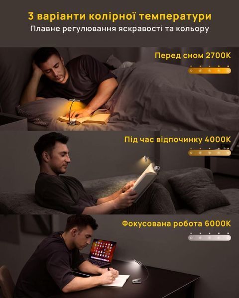 Настільна лампа для читання світлодіодна акумуляторна на прищіпці 22 LED 5 рівнів яскравості 3000&ndash;6000K гнучка металева Clip-ніжка 3125949288 фото